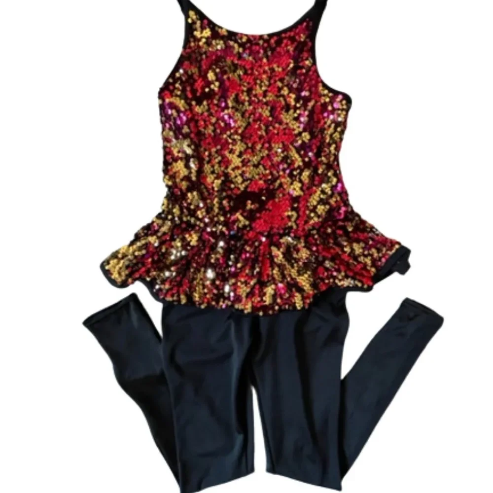 Black Unitard with red & gold sequins.Dance/Performance Costume.  Size M